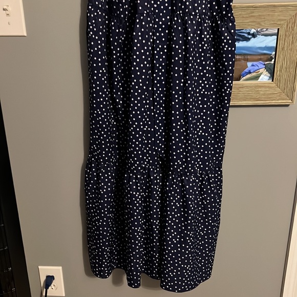Navy blue belted polka dot ankle length dress. - Picture 2 of 5